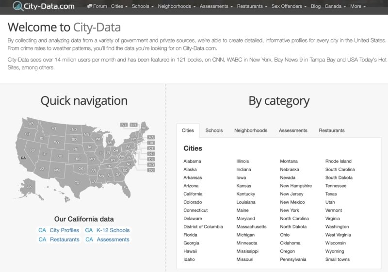 By collecting and analyzing data from a variety of government and private sources, we're able to create detailed, informative profiles for every city in the United States. From crime rates to weather patterns. Read more: https://www.city-data.com/